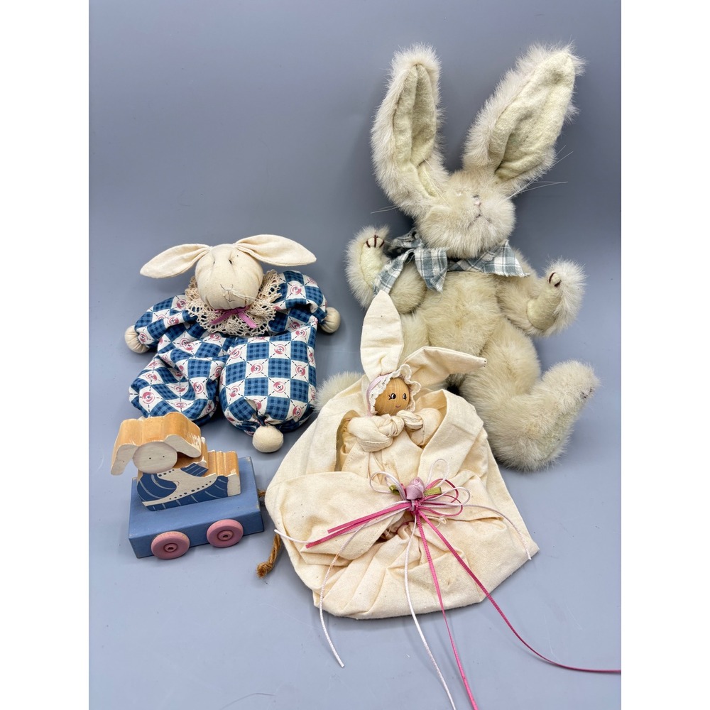 Vintage Bunny Rabbit Decor Set Plush Wooden Country Cottagecore 4pc